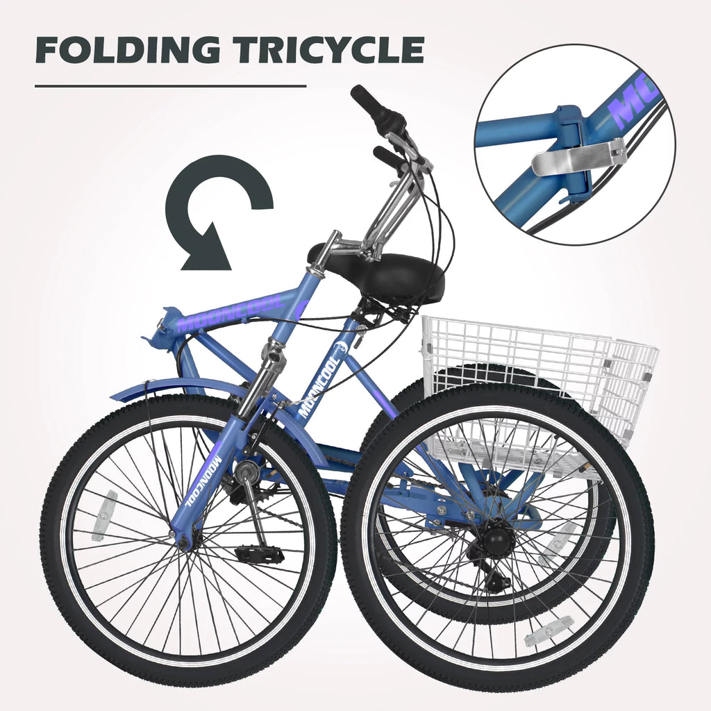 24" 7 Speed Folding Adult Tricycle with Shopping Basket, Green A7323
