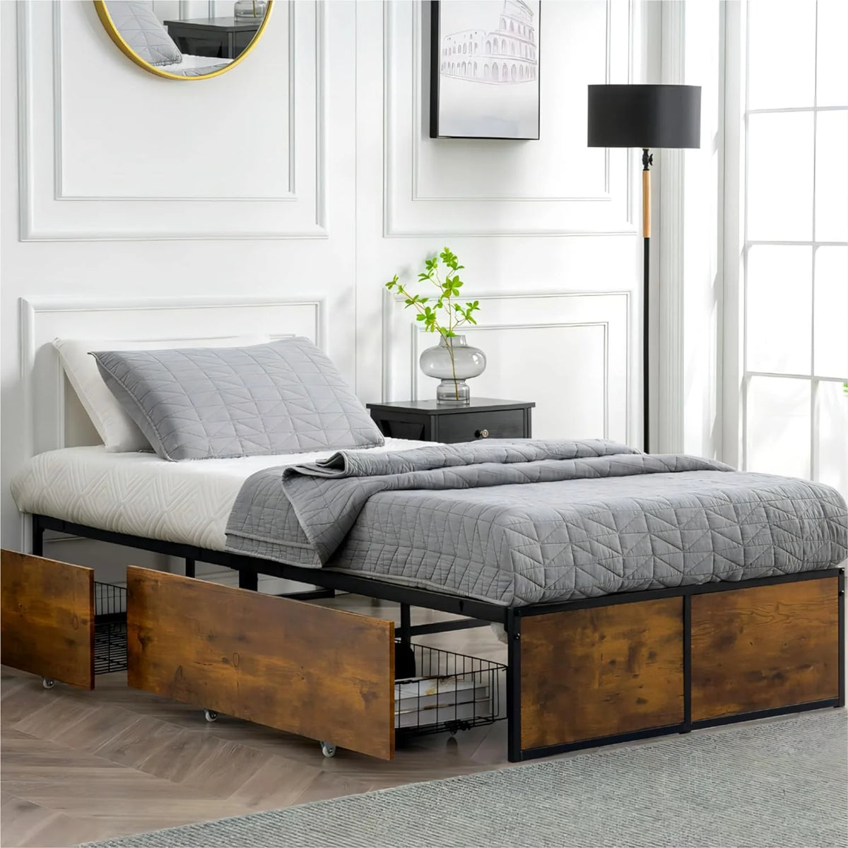 Twin Metal Platform Bed Frame with 2 XL Storage Drawers Z8884