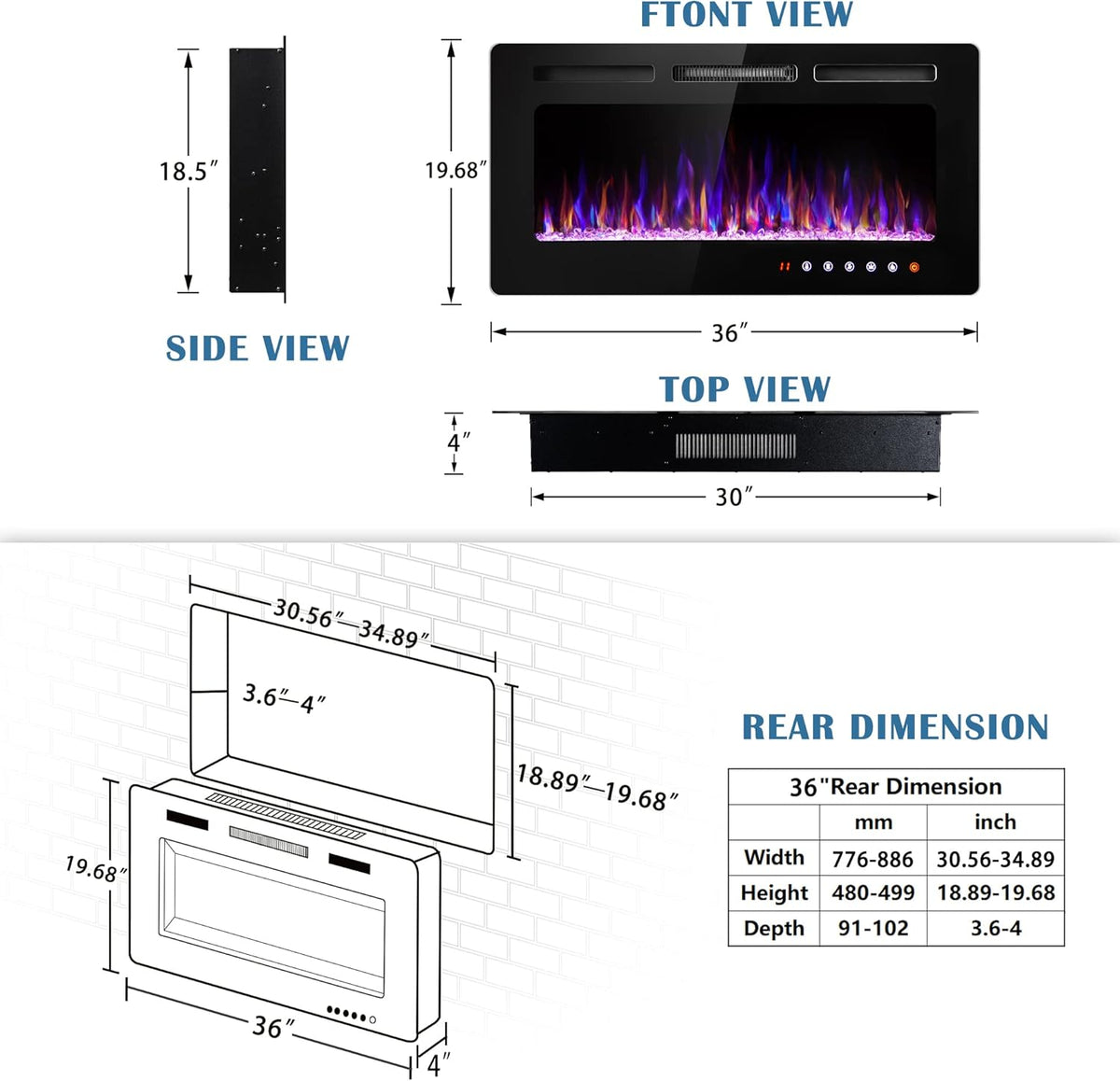 36 Inch Electric Fireplace Insert with Remote Control R931912