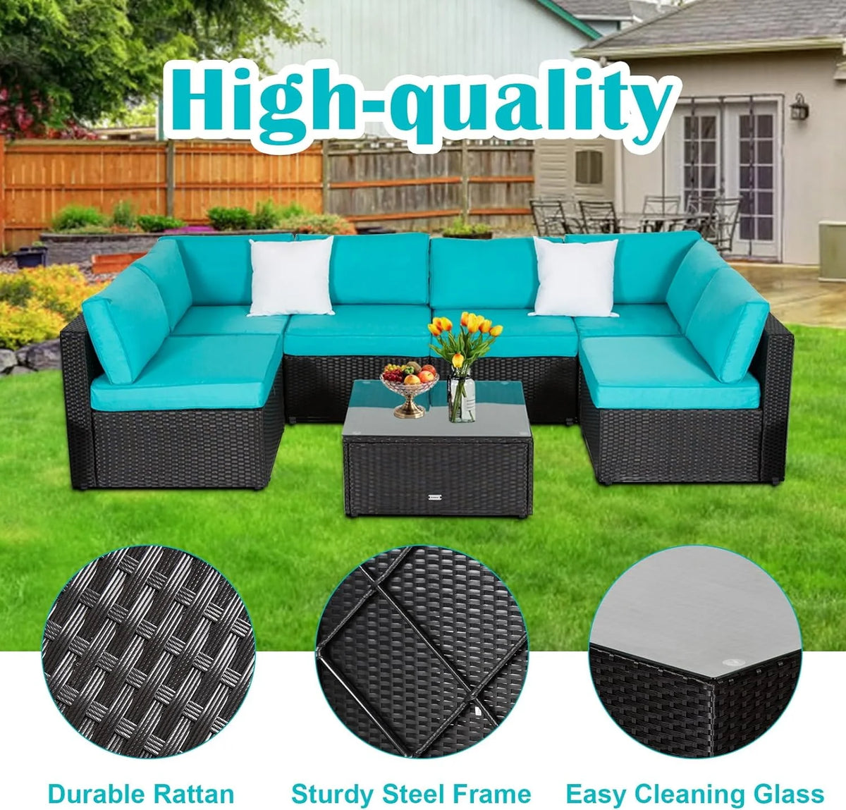 7 Pcs Rattan Wicker Patio Sectional Sofa Set with Coffee Table W5512
