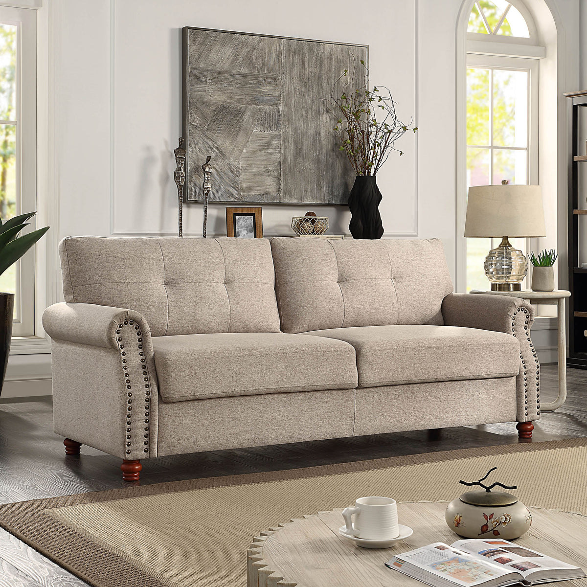 Beige Linen Fabric Upholstery Storage Sofa with Tufted Cushions P161