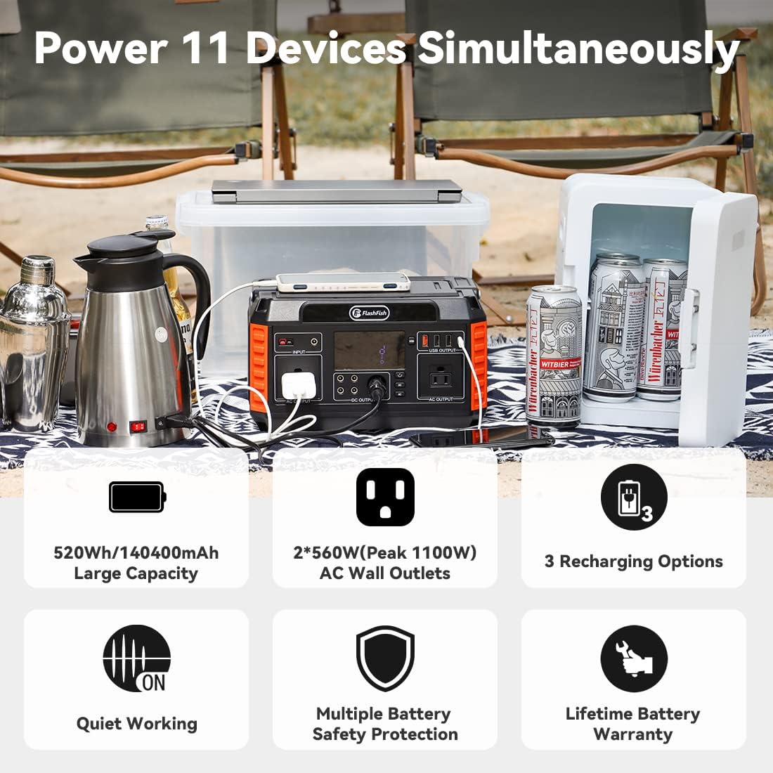 560W Portable Power Station, 520Wh/140400mAh Lithium Battery Pack with AC Outlets V791580