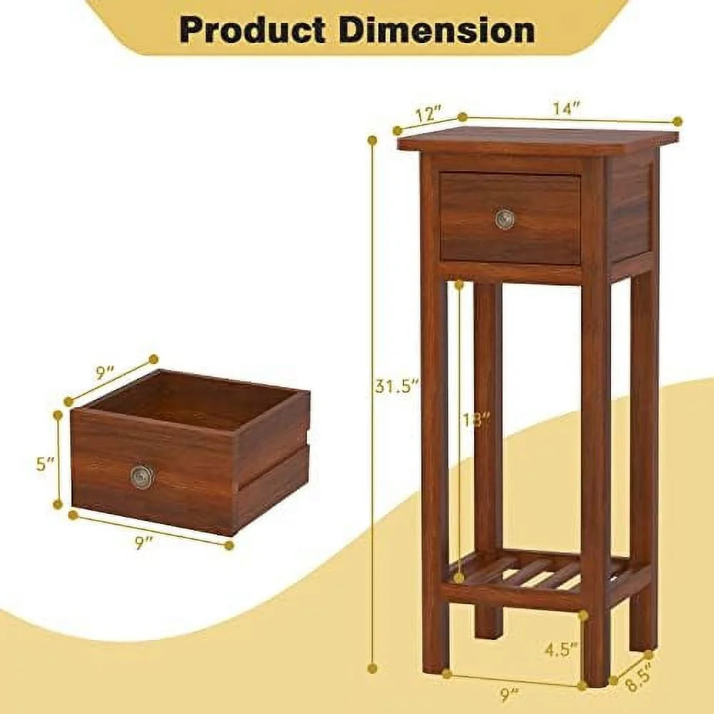 Narrow Wooden End Table Set of 2 with Drawer I351