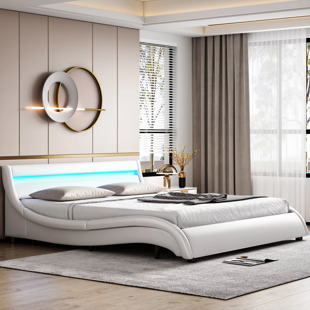 White Queen Size LED Platform Bed Frame C9755