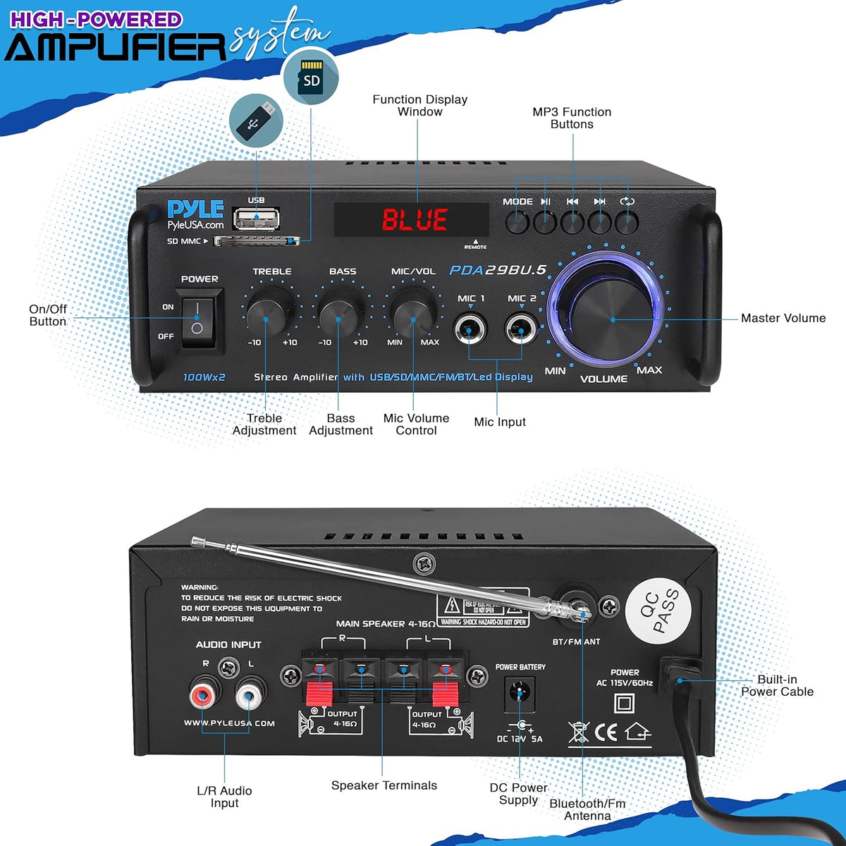 200W 2 Channel Bluetooth Stereo Power Amplifier with FM Radio, Pack of 2 M300