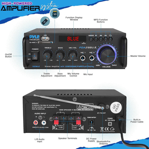 200W 2 Channel Bluetooth Stereo Power Amplifier with FM Radio, Pack of 2 M300