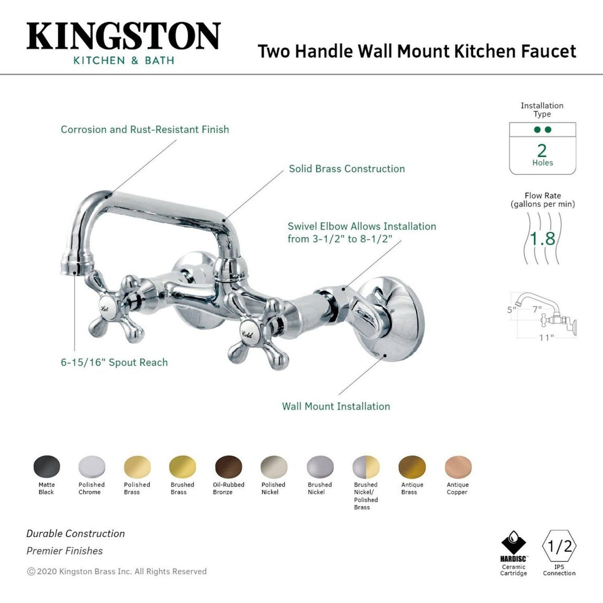 Polished Nickel Two Handle Wall Mount Kitchen Faucet K201305