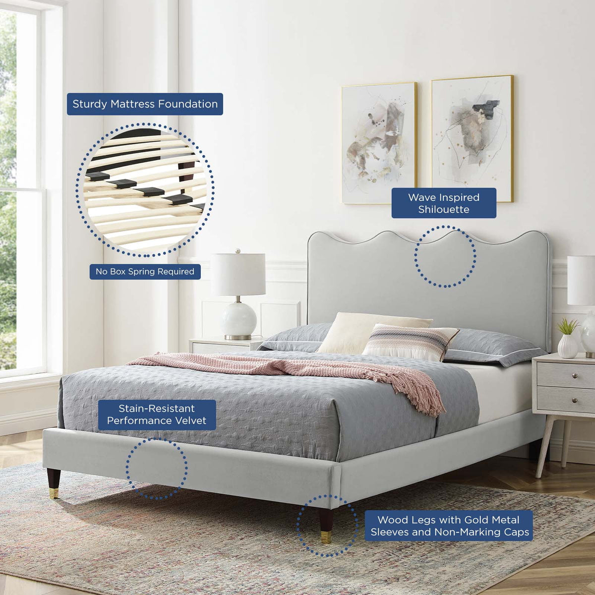 Full Size Grey Velvet Platform Bed Frame K521972