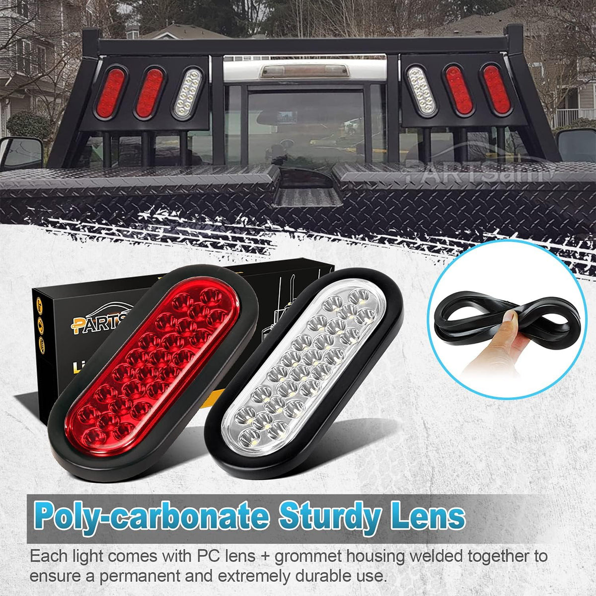 2xRed + 2xWhite 6 LED Oval Stop Turn Tail Lights Brake Backup Reverse Light Kit Waterproof 12V Sealed 6 Inch Oval LED Trailer Tail Lights Grommet Mount Pack of 2 B9736