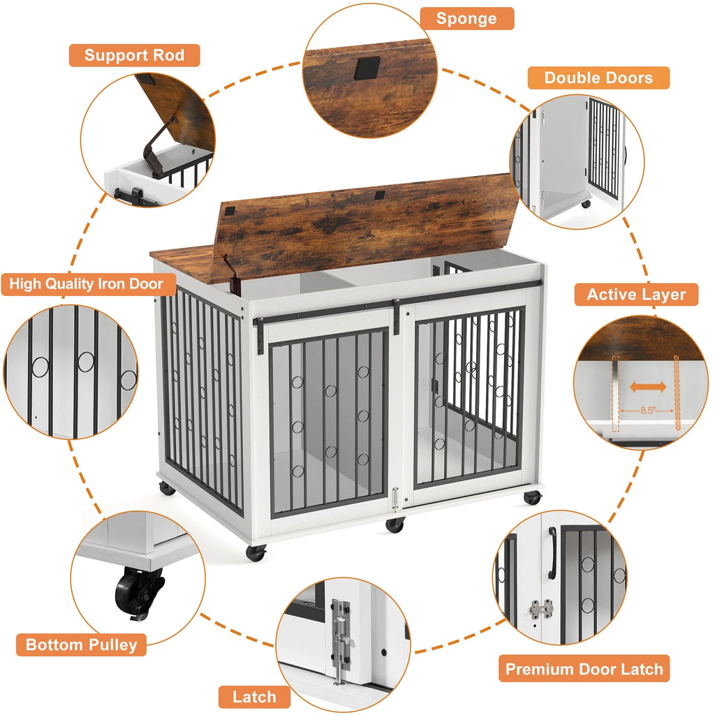 44" Wooden Dog Crate End Table with Wheels K514004