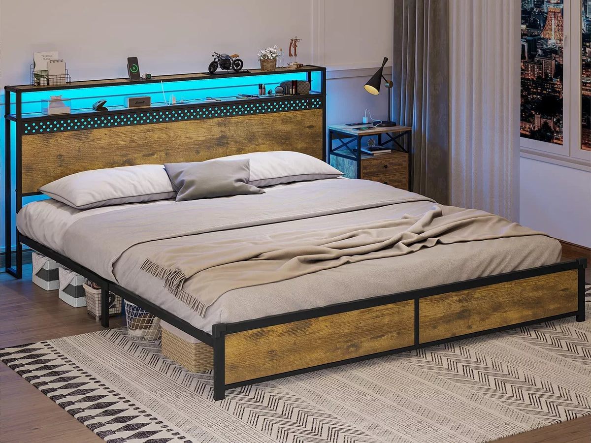 King Metal Platform Bed with Storage Headboard and USB Ports Q6630