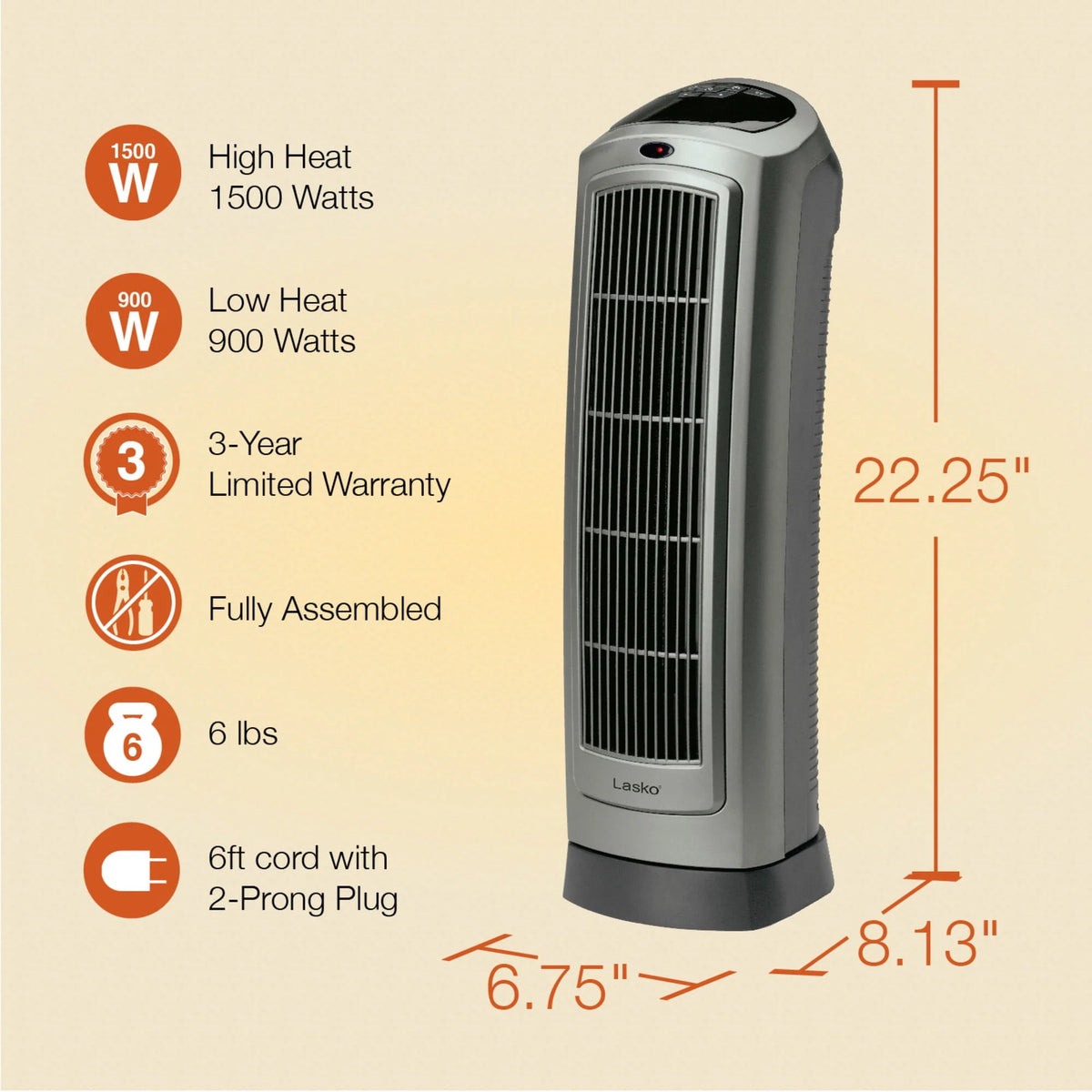 1500W Oscillating Ceramic Electric Tower Space Heater with Remote, Gray E17474
