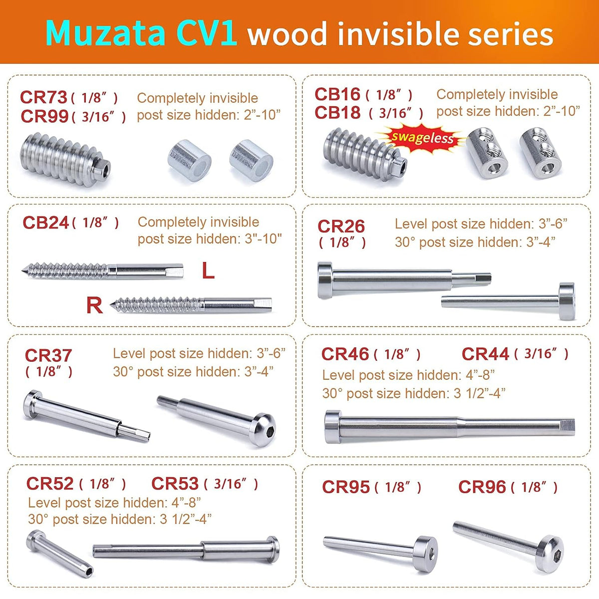 1/8 Invisible Cable Railing Kit with Turnbuckle Swage Threaded Stud and Stemball U35430