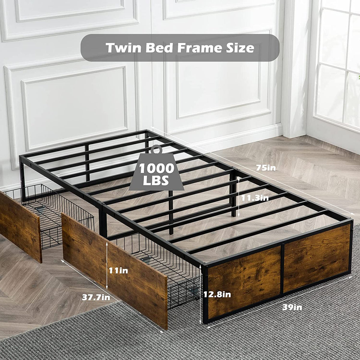 Twin Metal Platform Bed Frame with 2 XL Storage Drawers Z8884
