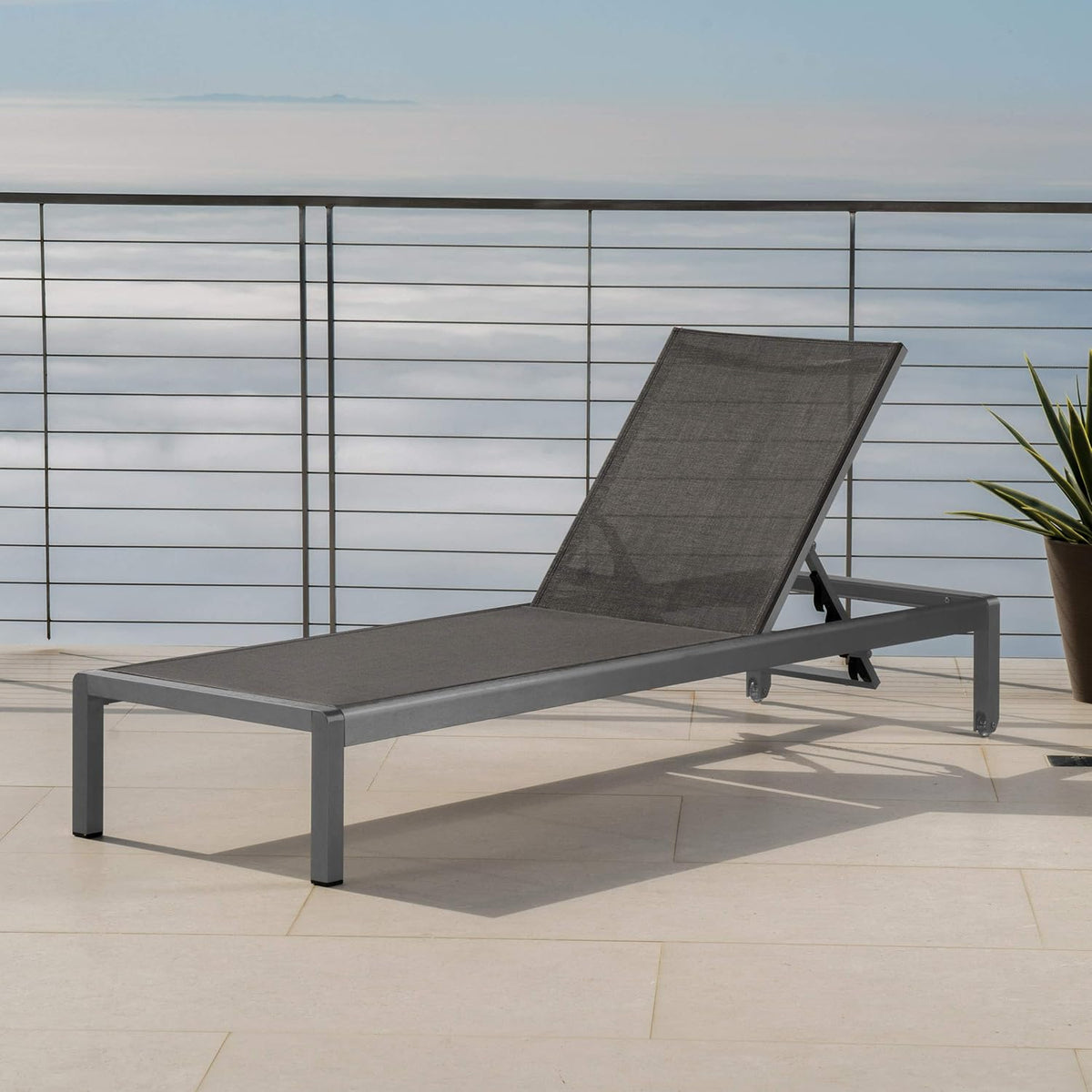 Outdoor Aluminum Chaise Lounge with Mesh Seat, Grey / Dark Grey L63015