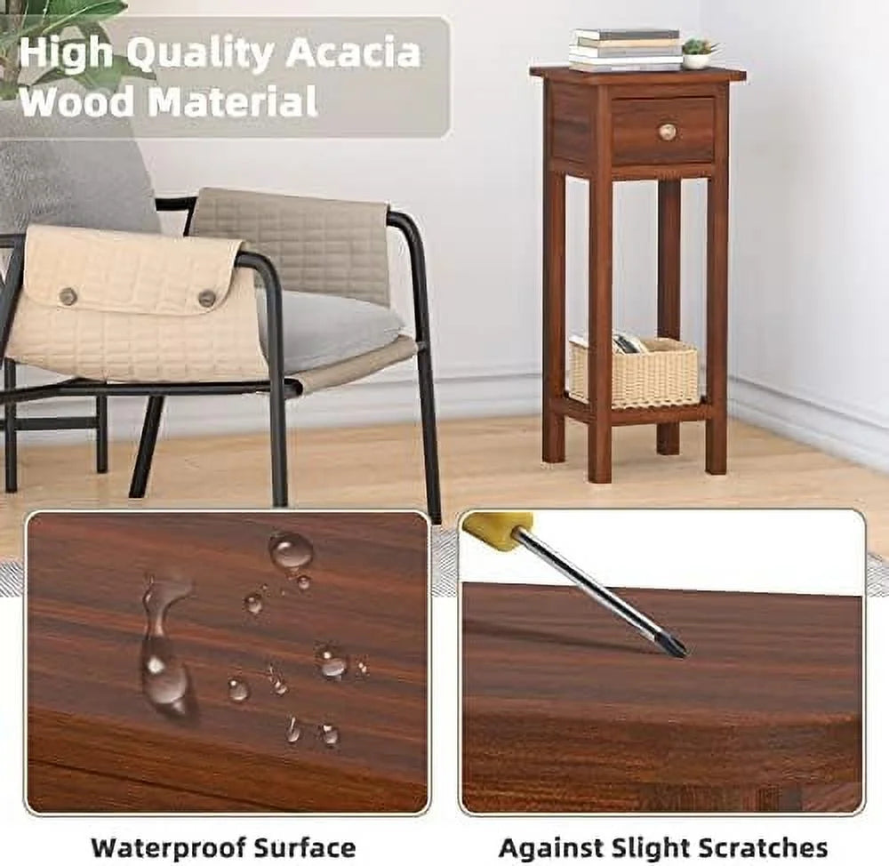 Narrow Wooden End Table Set of 2 with Drawer I351
