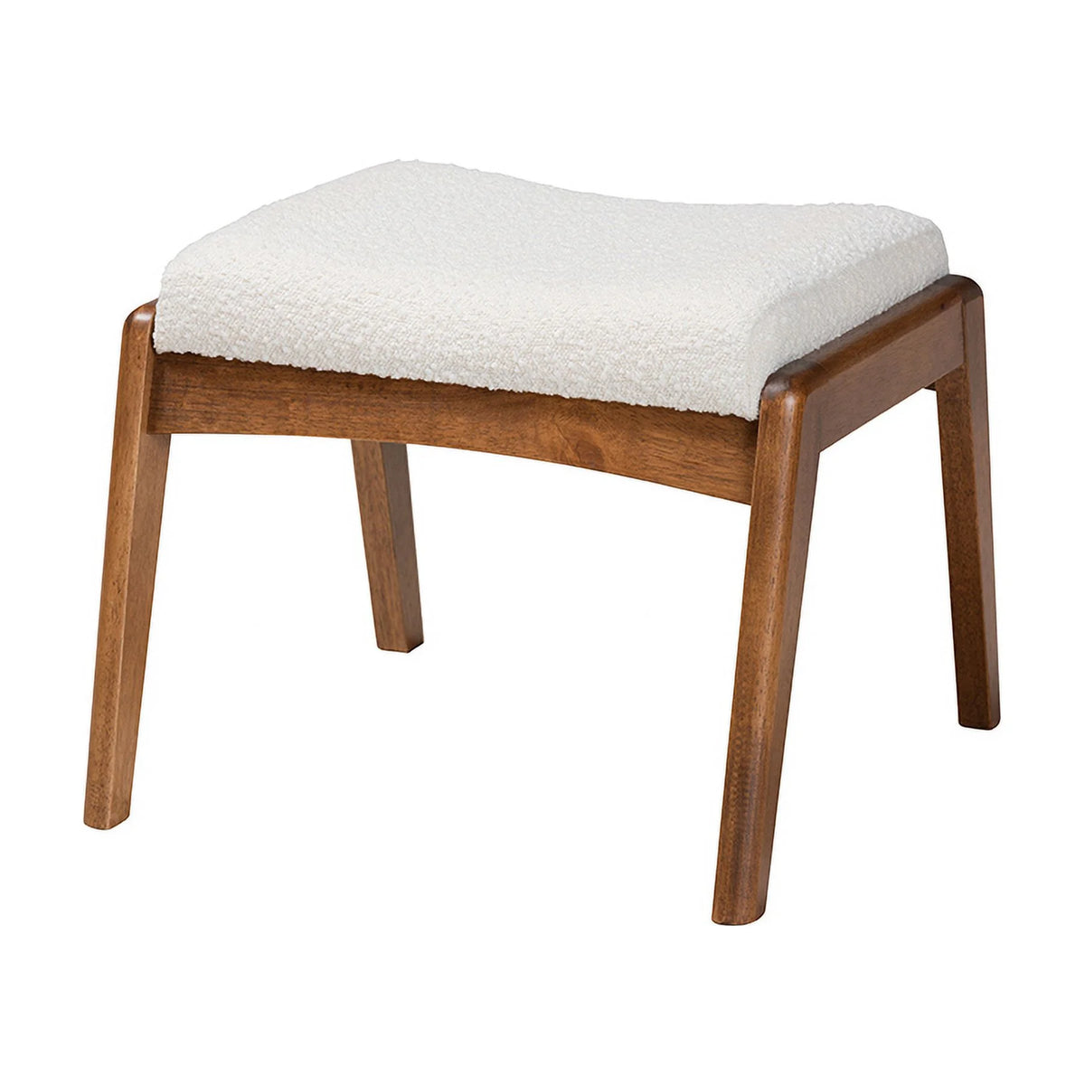 Off-White Boucle Upholstered Walnut Brown Wood Ottoman Footstool T38987