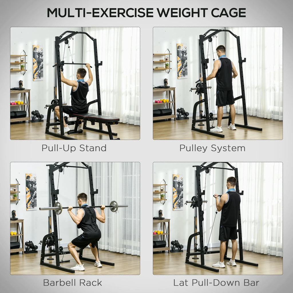 Power Cage with Pulley System Squat Rack Pull up Stand M78212