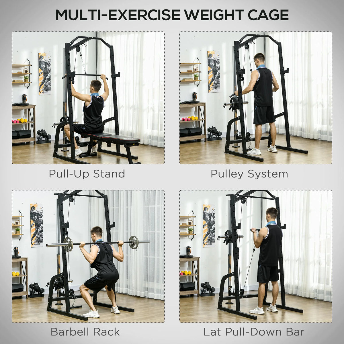 Power Cage with Pulley System Squat Rack Pull up Stand M78212