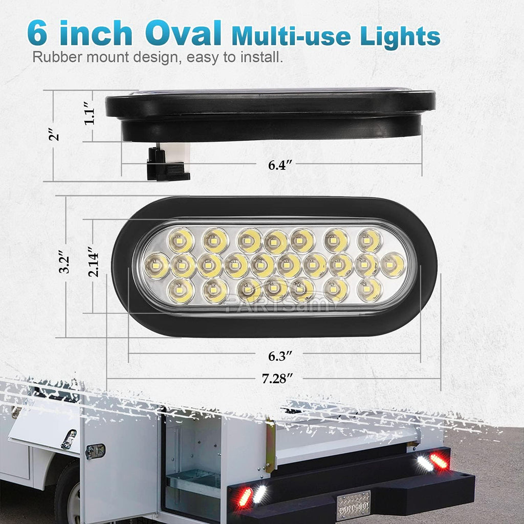 2xRed + 2xWhite 6 LED Oval Stop Turn Tail Lights Brake Backup Reverse Light Kit Waterproof 12V Sealed 6 Inch Oval LED Trailer Tail Lights Grommet Mount Pack of 2 B9736