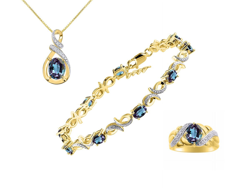 Yellow Gold Plated Love Knot Tennis Bracelet, Ring & Necklace with Alexandrite A2890