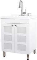 White Utility Sink Laundry Tub With Cabinet, Stainless Steel Faucet, Slow Closing Doors G7449