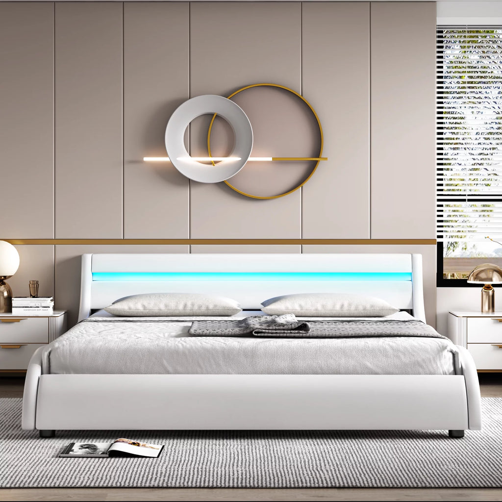 White Queen Size LED Platform Bed Frame C9755