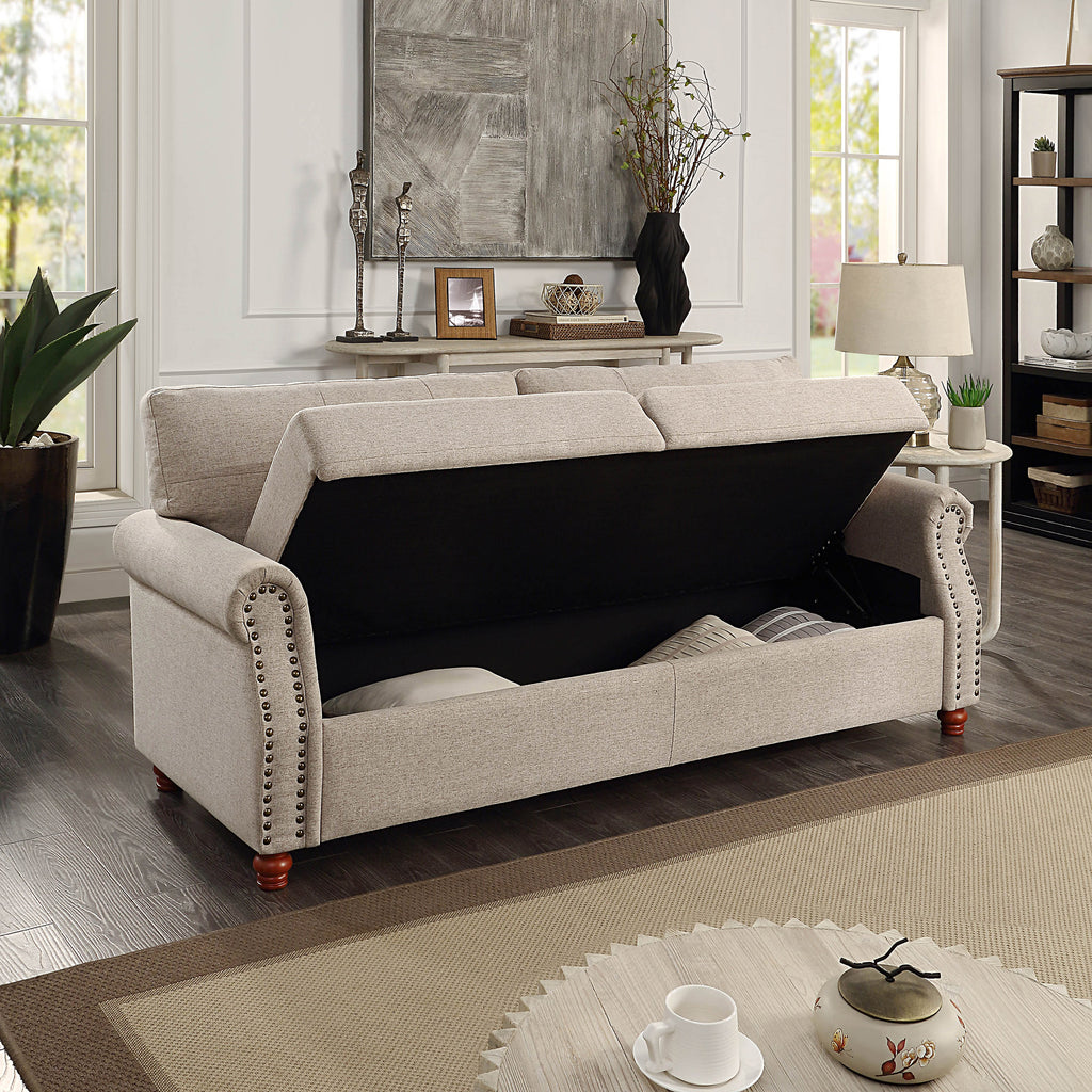 Beige Linen Fabric Upholstery Storage Sofa with Tufted Cushions P161