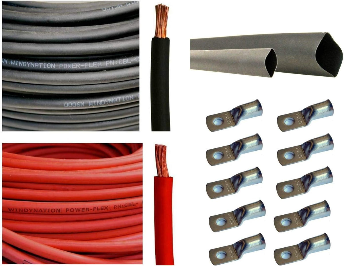 4/0 AWG 10 Feet Black + 10 Feet Red Pure Copper Ultra Flexible Cable + 5pcs 5/16 & 5pcs 3/8 Copper Cable Lug Terminal Connectors + 3 Feet Heat Shrink Tubing F933546